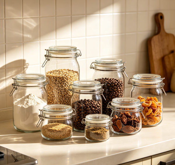 Clear Glass Kitchen Food Storage Jar Set With Lids